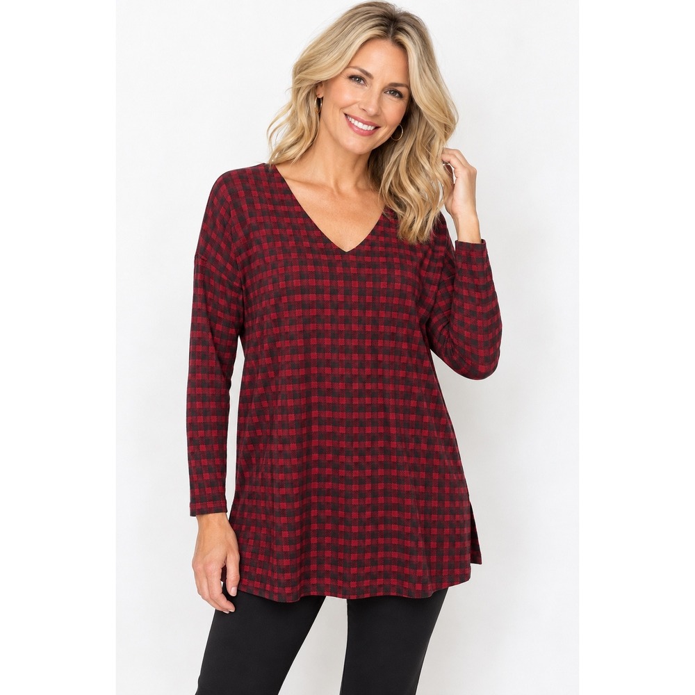 J. Jill Tunic Womens Medium Red Black Gingham Supima Cotton V-Neck Long Sleeve